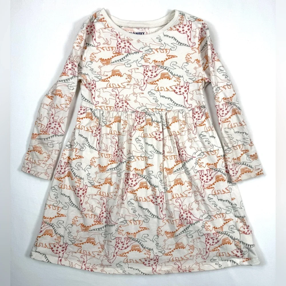 OLD NAVY Girls Long Sleeve Dino Print Dress 5T Playful Twirl‎ Knit Cute Everyday